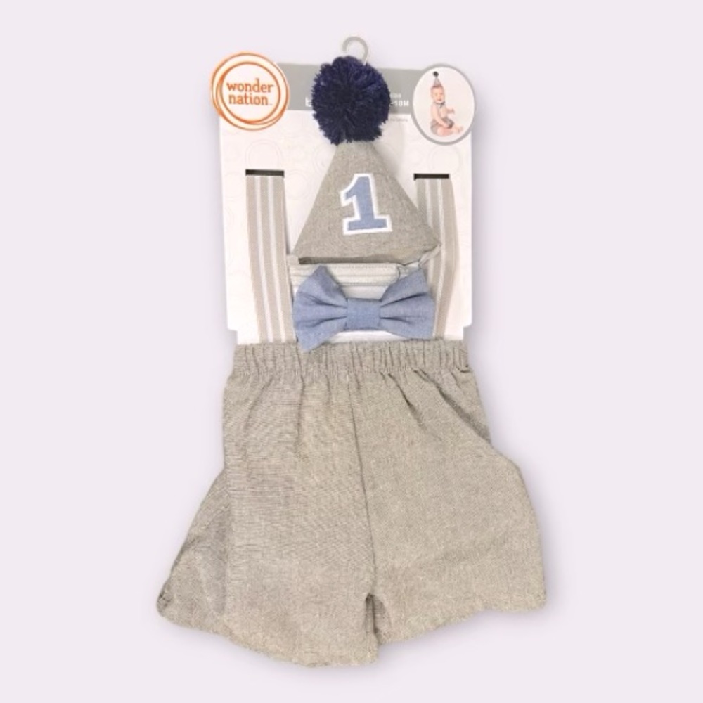 1 year birthday boy 12-18 Month birthday party hat bow tie shorts suspenders